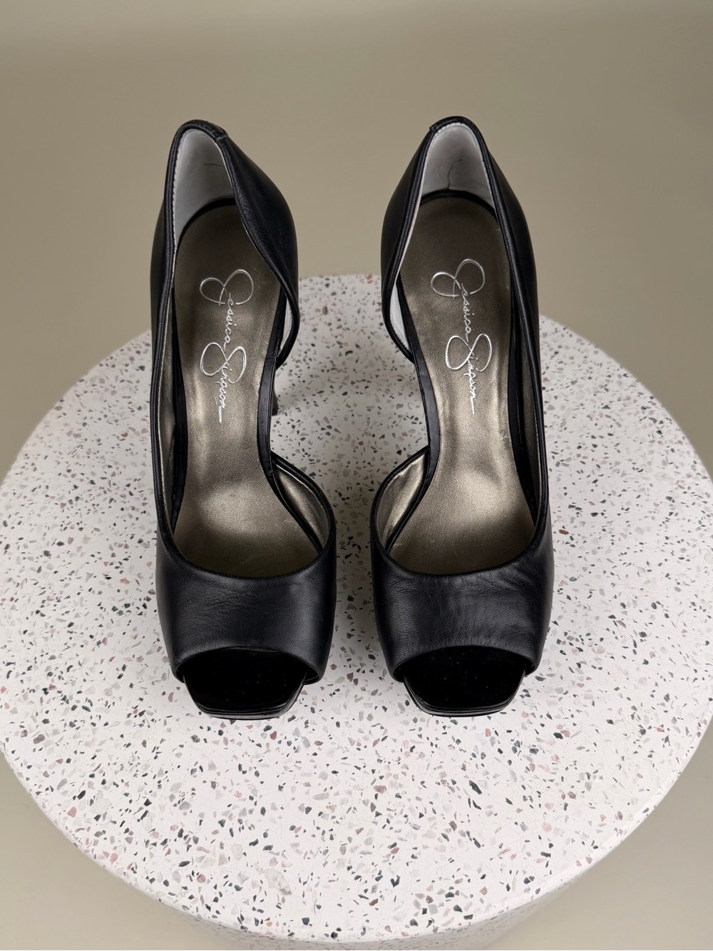 Jessica Simpson Black Leather Peep-Toe Heels